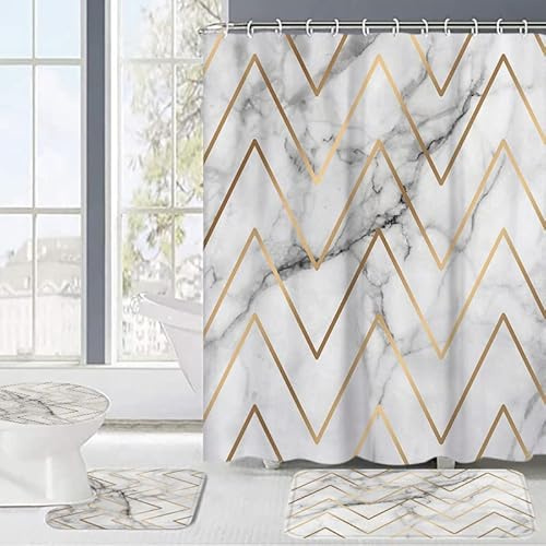 Marble Pattern Bathroom Shower Curtain Set with Gold Geometric Design, 4-Piece Bath Mat and Toilet Cover Set