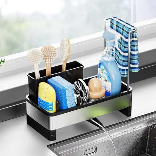 Stainless Steel Kitchen Sink Caddy Organiser, Black Rustproof Sponge Holder for Sink Tidy with Dishcloth Holder for Countertop, Suitable for Kitchen Organizer Storage Essentials