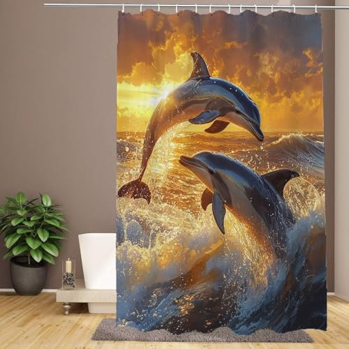 Rideau Douche 120x200 cm Extra Long Rideau de Douche Dauphin Anti Moisissure Imperméable Tissu Polyester Facile À Nettoyer Shower Curtain avec 12 Crochets, Decoration Maison, Coucher de Soleil R-160