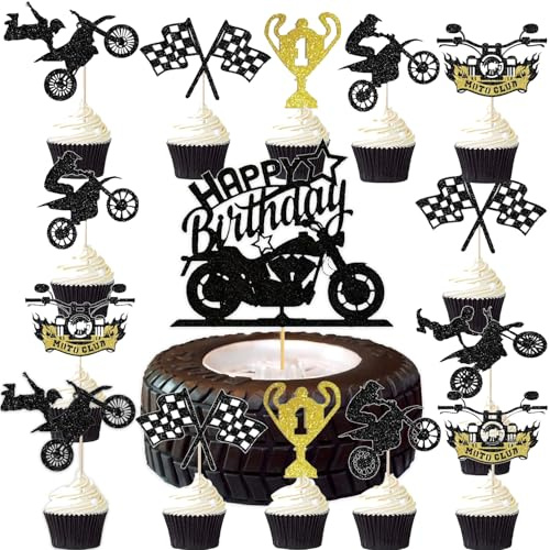 25Stk Motorrad Kuchen Dekorationen, Motorrad Party Dekoration Zubehör, Motorrad Geburtstag, Cupcakes, Geburtstag Party Zubehör, Gold Glitter Jungen Kuchen Dekorationen