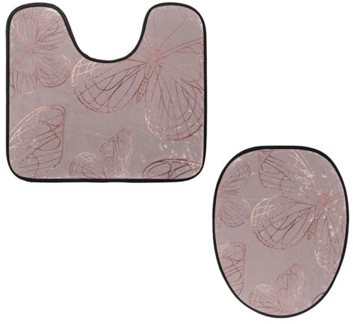 VAPOKF 2 Pieces Pedestal Bathroom Rugs Set, U-Shaped Contour Mat and Toilet Lid Cover, Soft Non-Slip Flannel Bathroom Mat Toilet Seat Cover - Rose Gold Texture Butterfly