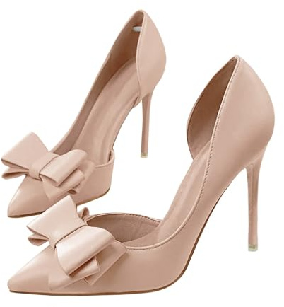 Coutgo Chaussures de cour pour femme avec nœud et talons hauts à bout pointu Escarpins à talons aiguilles à enfiler Pompes de mariage, nude, 37 EU