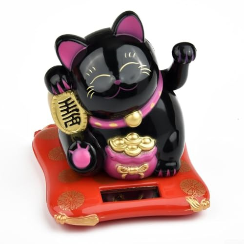 Figurine chat porte-bonheur japonais amusant à énergie solaire pour voiture et maison (Noir)