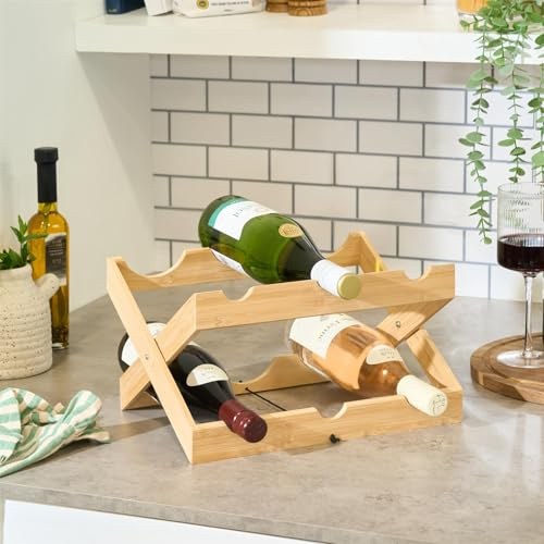OHS Bamboo Wine Rack, 9 Bottles Wooden Wine Holder Storage Shelf Space Saving 2 Tier Small Freestanding Bottle Wines Rack for Countertop Kitchen Bar Cellar