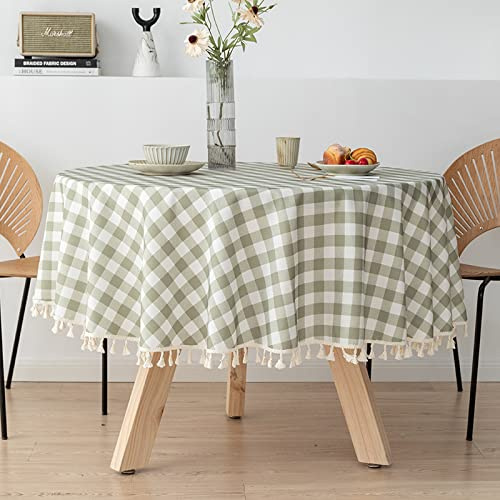 hometrixx Tischdecke Rund 140 cm Kariert Grün Baumwoll-Leinen mit Fransen | Tischdecken Abwaschbar, Fleckabweisend, Pflegeleicht, Tischtuch, für Party Picknick Abendessen Küche Dekor