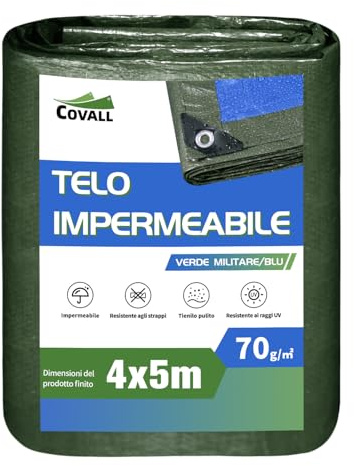 COVALL waterproof tarpaulin 4mx5m, 70g/m² UV resistant outdoor sunshade tarp, ripstop green fabric large tarpaulins sheet,house rain cover,camping tent with eyelets,motorcycle,boat,wood pool cover