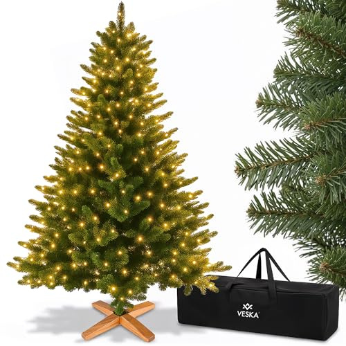 Premium Weihnachtsbaum künstlich 180cm - mit Holzständer, Nordmanntanne, Künstlicher Tannenbaum, Naturgetreu, dichte Zweige (140 cm mit LED)