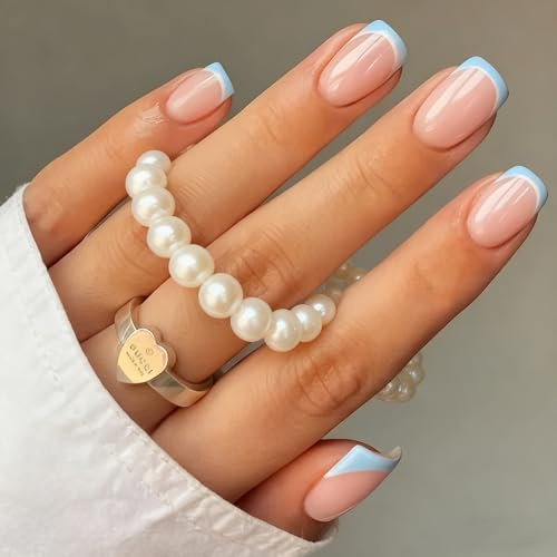 24PCS French False Nails,Baby Blue French Tip Press on Nails Short Square,Reusable Square Short Fake Nails,Minimalist and Stylish Full Cover Glossy Glue on nail,for Women Daily Wedding Wear