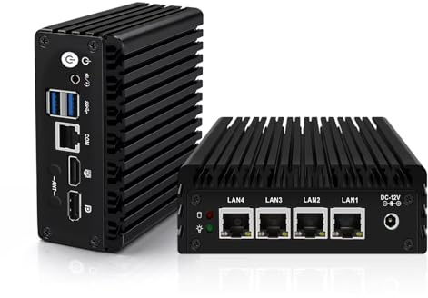 ROUAFWIT Micro Firewall Appliance, Fanless Mini PC J3710 4C/4T, 4X 2.5 GbE i225-V LAN,AES-NI,DDR3 0GB SSD 0GB Barebone Router Netzwerk Security USB3.0/HD/DP/Console RJ45 Port/WiFi, Dual Display