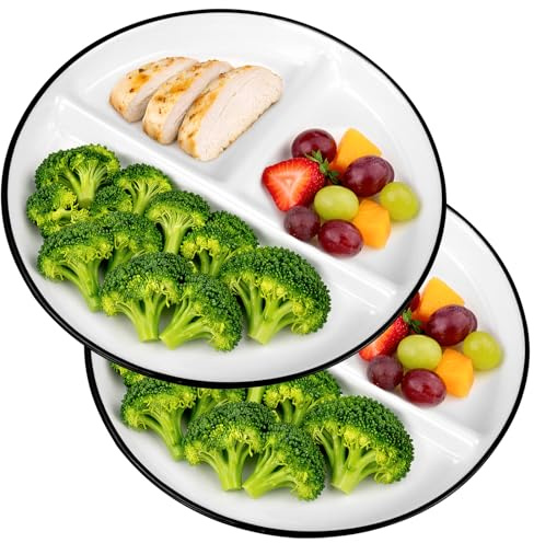 Set of 2 Ceramic Divided Dinner Plates, 9.3 Porcelain Portion Control Plates for Weight Loss & Balanced Eating, 3 Compartment Sectional Serving Dish for Adults, Microwave & Dishwasher Safe, White