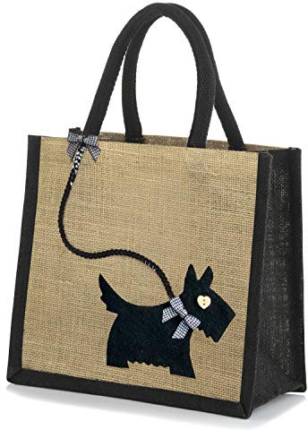 Natural Jute Hessian Lunch Gift Bag - Scottie/Westie Dog (Black on Black)