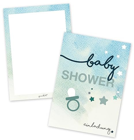 #detailverliebt 15 Einladungskarten Baby Shower I dv148 I DIN A6 I Einladung Set Pinkel-Party Baby-Party blau Junge Jungs Boy Invitations
