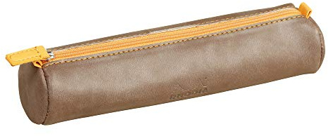 RHODIA 318893C - Chocolate Rhodiarama Round Pencil Case - 21.5 x 5.5 cm - Genuine Orange Stitching - Ivory Jersey Interior - Faux Leather - Storage for Pens, Pencils, Markers, Small Supplies