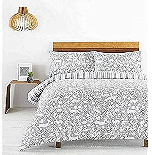 Creative Cloth Skandi Woodland Double Duvet Cover Set - Grey and White - Scandinavian Woodland Animal Design - Striped Reverse - 100% Cotton - Machine Washable - 200 x 200cm (79 x 79 inches)