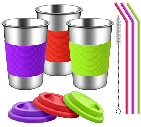 Copas de acero inoxidable con tapas, mangas y pajitas de silicona | Paquete de 3 16 oz. Copas de vasos de bebida para niños pequeños, niños y adultos | Ecológico | Sin BPA (Paja de silicona)