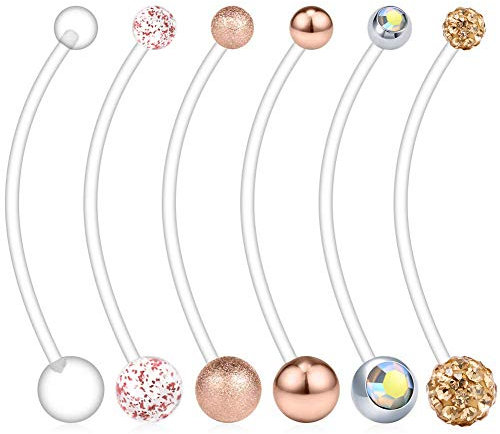AceFun 6er bauchnabelpiercing schwangerschaft Bauch Stecker Plastik Schwangerschaft bauchnabelpiercing Flexibel Kunststoff Bioflex Banane Piercing 14G 1,6mm 38mm Roségold