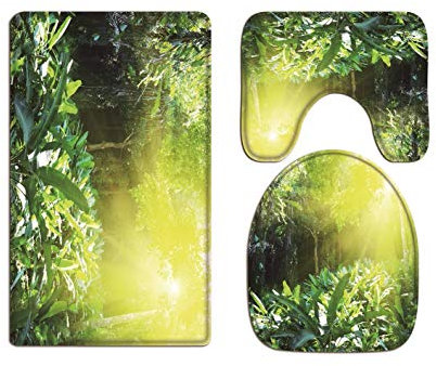 A.Monamour Badezimmer Badematte 3 Teilig Set Strahlender Sonnenschein Durch Grünen Regenwald Dschungel Natur Landschaft Teppich Für Flanell Saugfähig Badteppiche Badvorleger Badgarnitur WC Vorleger