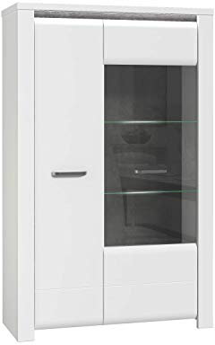 Forte Brugia Vitrine Haute avec 1 Porte et 1 Porte vitrée, Panneau de Particules, Blanc combiné avec Aspect béton Gris foncé/Blanc Brillant, 101,4 x 162,3 x 41,9 cm