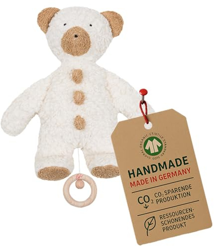 Efie Bio-Spieluhr Teddy „Knöpfchen“ – 100 % Baumwolle (KBA), Füllung aus Schurwolle (kbT), GOTS-Zertifiziert – handgefertigt in Deutschland (⁠Schlaf Kindchen Schlaf)