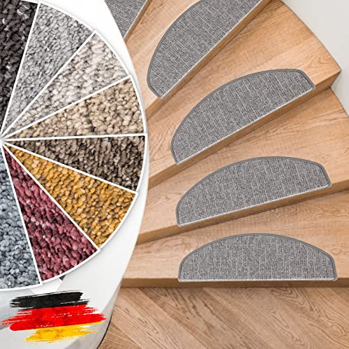 Floordirekt Stufenmatten Alto - Halbrund oder Eckig - Treppenmatten in 8 Farben - Strapazierfähig & pflegeleicht - Stufenteppich für Innen (Hellgrau, Halbrund 65 x 23,5 cm)