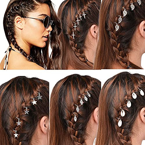 45 Stück Haarringe Zopf Ringe Braid Ringe Haarspitzen Haarschleifen Clips Dreadlocks Haarspange Geflecht Haarschmuck Hair Loops Stern Perlen Blätter Anhänger Ringe Set Silber
