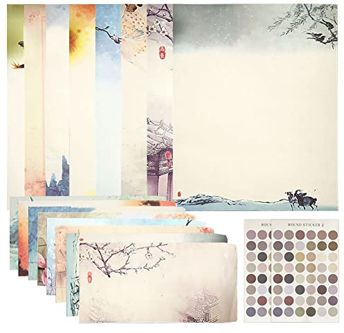 LOVECENTRAL Japanese Writing Paper and Envelopes,32pcs Vintage Design Stationery Paper Chinese Retro Floral Landscape Writing Paper for Student Office, 26.3x18.7 cm