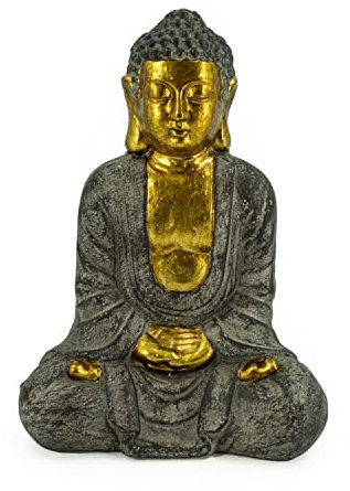 Rivanto® Sitzende Buddha Statue, Höhe 37 cm, Steinoptik Deko Figur mit Goldener Haut, für Innen und Außenbereich