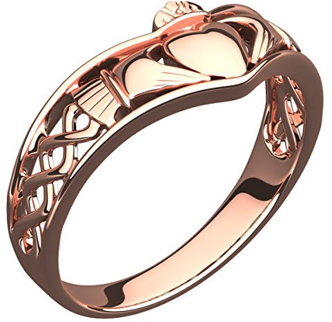 GWG Jewellery Anello Placcato Oro Rosa 18K Fascia Lavorazione Traforata Claddagh e Nodo Celtico - 5 in Confezione Regalo per Donne