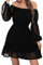 BebreezChic Kleid Damen Elegant Langarm Off Shoulder Einfarbig Swiss Dot Luftig Sommerkleid Minikleider Partykleid Strandkleid mit Gürtel, Schwarz M