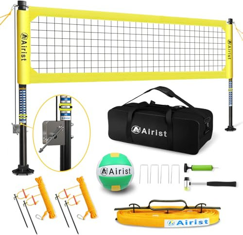 Airist Strapazierfähiges Volleyballnetz für den Außenbereich mit Anti-Aging-System, verstellbaren Aluminiumstangen, professionelles Volleyballnetz-Set für Garten und Strand, Volleyball und Tragetasche