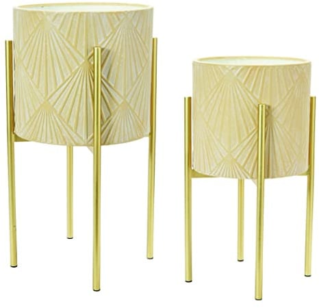 Main + Mesa, Moderne Boho-Blumentöpfe aus Metall mit Prägung und Ständern, Creme und Gold, 2er-Set in verschiedenen Größen