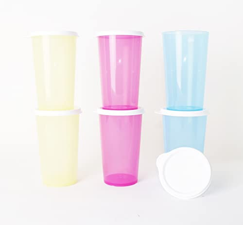 Tupperware 6x Trinkbecher 330ml in je 2x Gelb, Rosa und Hellbau Becher + Hängelöffel Lila