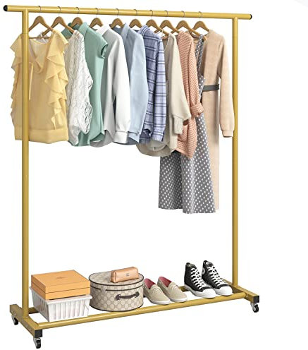 Buzowruil Kleiderständer aus Metall, verstellbar, freistehend, mit Rollen, platzsparendes Design für Zuhause, Schrank, Büro oder Einzelhandel, Gold