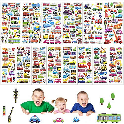 PFLYPF 14 Bögen 3D Aufklebert für Kinder, Kinder Fahrzeug Aufklebert, Auto-Bagger-Flugzeug-Motorrad-Zugaufkleber, niedliche dreidimensionale Aufkleber, geeignet für Jungen und Mädchen.