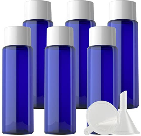 ZEOABSY 6 Pièces 30 ML Bleu Bouteille en Plastique avec Bouchon Scellé à Vis Blanc et Réducteur D'orifice, Vider Bouteille Ronde Épaule Plate pour Cosmétiques Liquides (UNSQUEEZABLE)