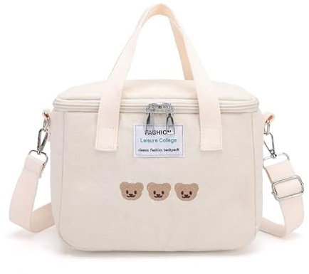 Aesthetic Kawaii - Bolsa de almuerzo con diseño de oso bordado con correas aisladas, impermeable, duradera, para mujer, oficina, escuela (blanco)