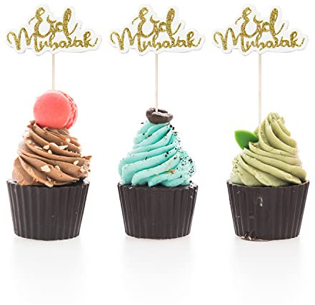 Glitter Eid Mubarak Cupcake Topper, 12PCS Ramadan Kareem Party Supplies Islamic Muslim Party Decorations Eid Ramadan Cake Decorations Supplies A7KZJJSCP