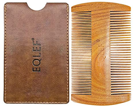 EQLEF Bartkamm Holz, Natürlicher Grüner Sandelholz Bartkamm Nicht Statischer Barthaarkamm Doppelseitiger Bartbart Bartkamm für Männer mit Kunstledertasche