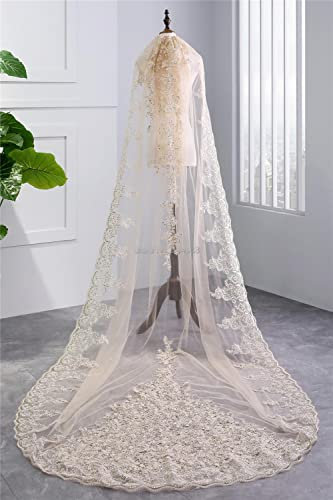 PREETH Hochzeit Einschichtiger weißer oder elfenbeinfarbener Luxus-Spitzenschleier, Champagner-Brautschleier, Tüllschleier for die Braut ohne Kamm