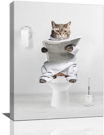 Funny Cute Cat Art Pictures Wall Art - Cat On Toilet Canvas Prints Paintings - Framed 12x16 Home Decor For Bathroom