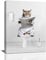 Funny Cute Cat Art Pictures Wall Art - Cat On Toilet Canvas Prints Paintings - Framed 12x16 Home Decor For Bathroom