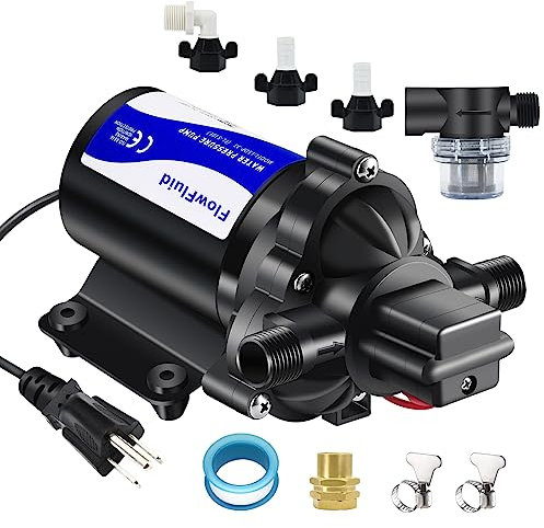 FlowFluid Water Pressure Booster Self Priming Transfer Pump 45PSI 4GPM RV Diaphragm Pump 110V with Filter for Liquid Transfer for Irrigation Marine Boat Sprinkler Faucet