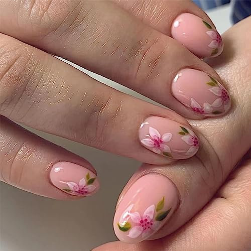 Agasar 24pcs Short Oval False Nails Pink Stick on Nails Flower Pattern Press on Nails Removable Glue-on Nails Fake Nails Women Girls Nail Art Accessories