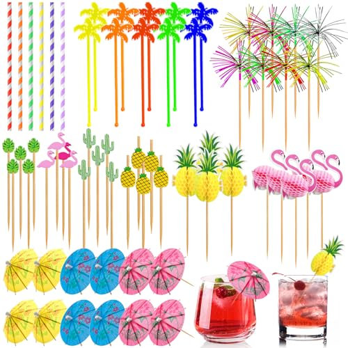 136 Stück Cocktailspieße Deko Set, Cocktail Party Dekorationen, Mixed Colo Cocktail Schirmchen, Feuerwerk Sticks, Rührer Sticks, Strohhalme, Cocktail Zubehör Deko für Getränke Hochzeit Sommer Party