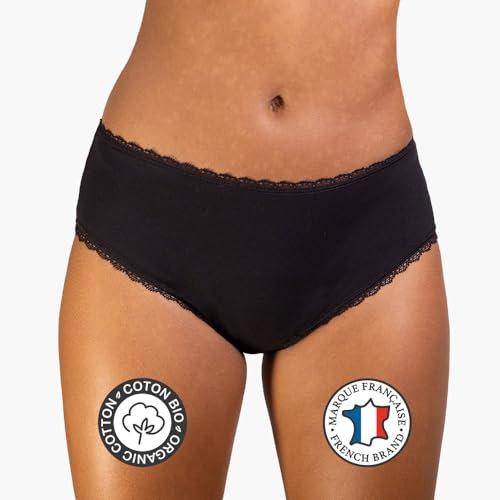 REJEANNE Shorty Culotte Menstruelle Flux abondant (3-4 tampons) - Élégante avec de la Dentelle, Haute qualité, Marque française - Coton Bio - Réutilisable (Taille 36, Noir)