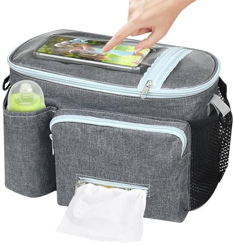 Pram Bag Stroller Organiser with Touch Screen Phone Pocket Pram Cup Holders Universal Baby Pushchair Bag Adjustable Shoulder Strap Waterproof Handbag Buggy Bag Pram Accessories fit All Buggy Models