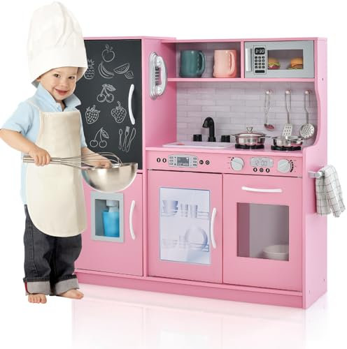RELAX4LIFE Cucina Giocattolo per Bambini, Gioco Cucina in Legno con Frigo con Lavagna, Microonde, Forno, Macchina per il Ghiaccio, Mini Cucina per Bambini 3-6 Anni (82 x 24 x 80 cm, Rosa)