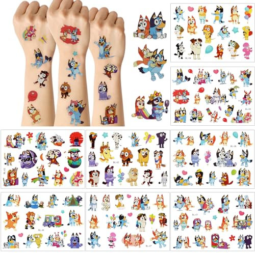 Bluey Tattoo Kinder, 8 Blätter Temporäre Kindertattoos Aufkleber, 180+ Stile Sticker Set für Mädchen Jungen, Geburtstagsgeschenke Kindergeburtstag Mitgebsel Festival Party Deko