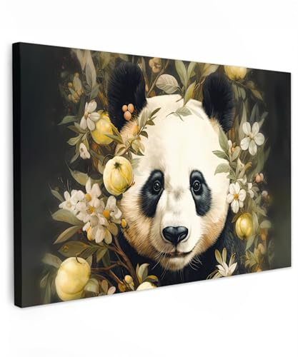 MuchoWow© Impressions sur Toile 90x60 cm Deco Tableau Murale Decoration Salon Peinture Tableaux Chambre Toiles Maison Panda - Ours Panda - Animaux sauvages - Fleurs