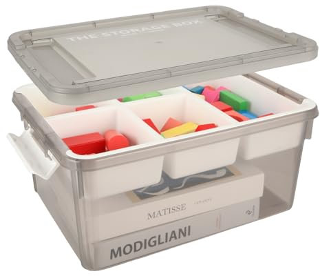 ACXFOND 1PCS Plastic Storage Box with Removable Tray Grey Craft Organizers and Storage 17 QT Storage Containers for Arts and Crafts Supplies, Lego, Stationery, Kids Building Blocks, Sewing Kit